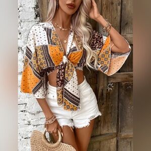 Orange and White Relaxed Tie-Front Crop Blouse Bohemian Patchwork Tie-Front Top